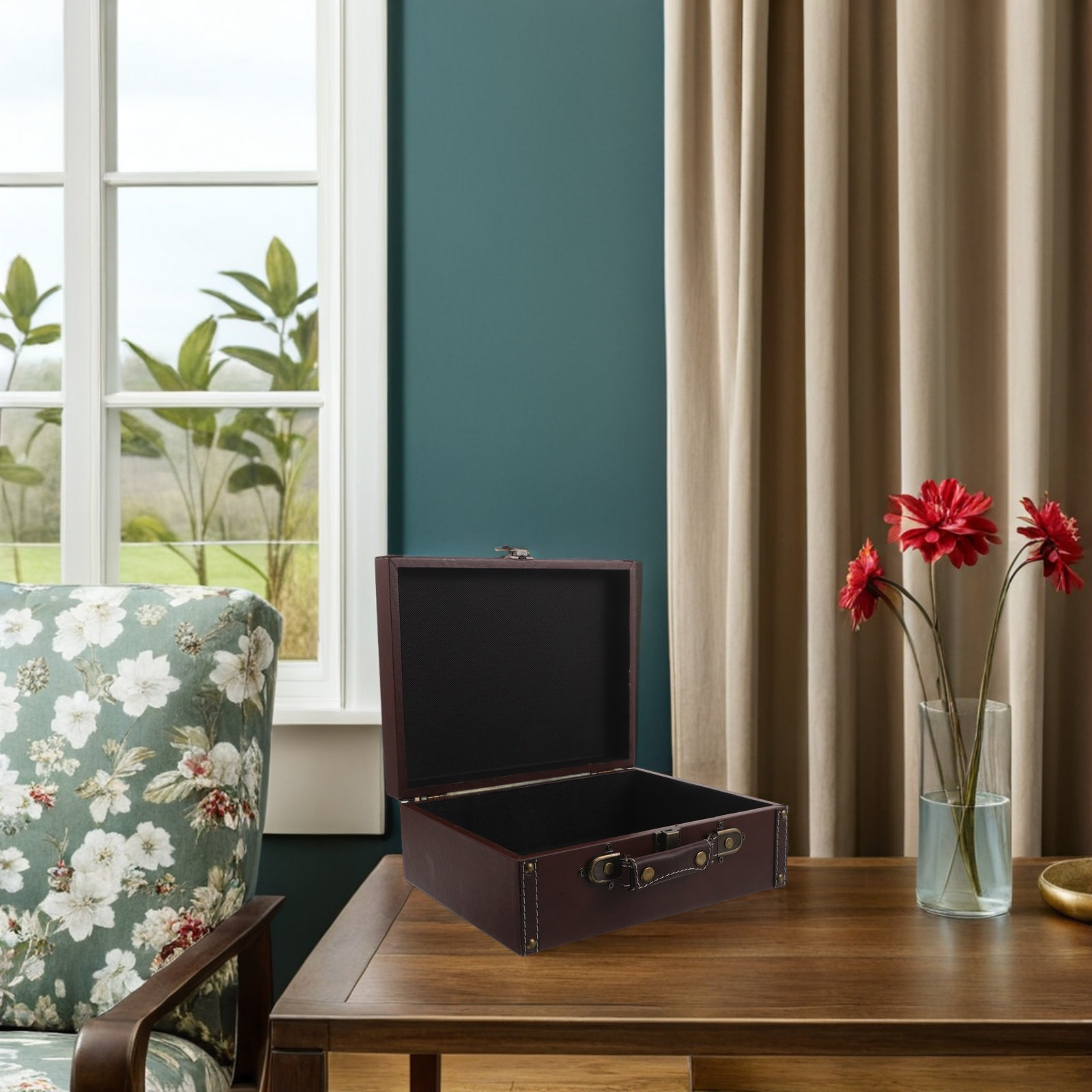 Retro Vintage Trunk Suitcase - 木製レトロ収納ボックス、ヴィンテージ風、持ち運び可能なスーツケース型、写真撮影用小道具、ウェディングギフトや展示用の装飾品として。