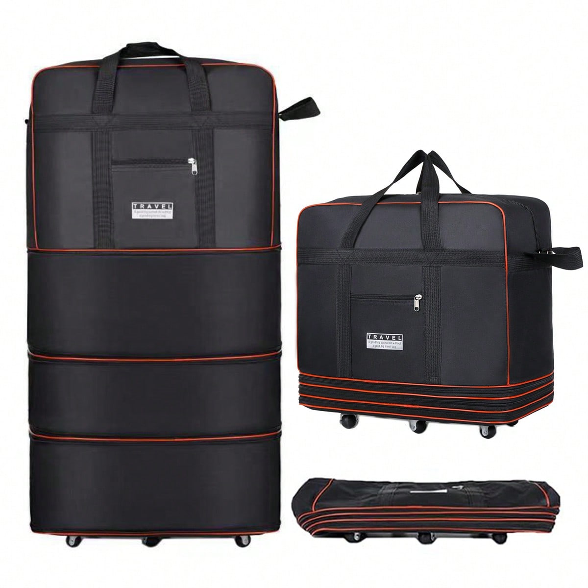 Foldable Rolling Luggage Bag - ブラックの折りたたみ式キャスター付き旅行用ダッフルバッグ。拡張可能で折り畳み可能なキャスター付きスーツケース。防水加工で軽量。大容量で持ち運びやすい旅行用トロリーバッグ。男性にも女性にも最適。ビジネス旅行、キャンプ、長距離旅行に最適。