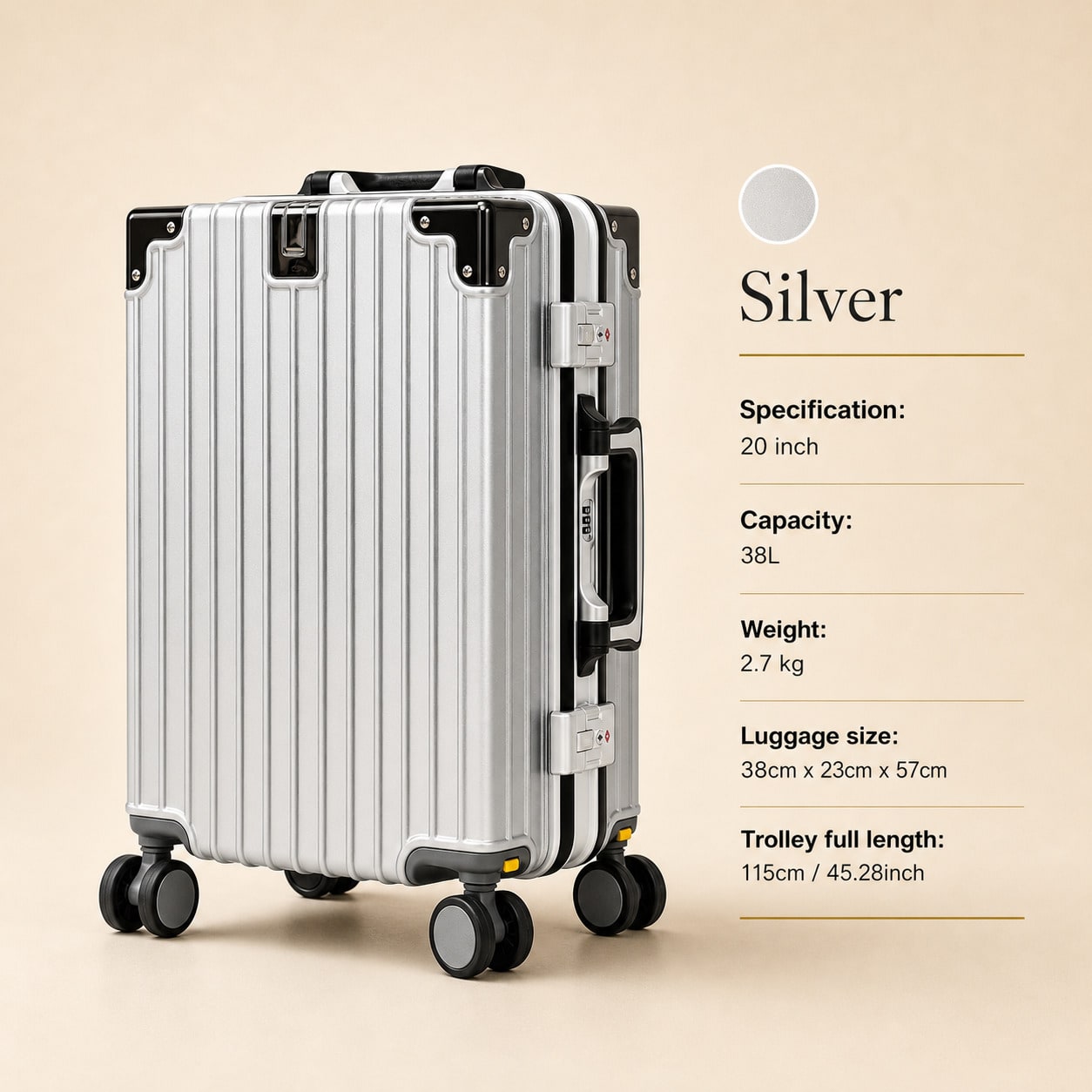 Aluminum Frame Carry On Luggage - 20インチの機内持ち込み可能なスーツケース。PC製のハードシェルで、アルミニウム合金製のフレーム、360度回転するキャスター、内蔵のカップホルダーを備え、軽量で持ち運びやすい。ビジネス旅行や休暇に最適な、男女兼用のキャスター付きスーツケース。