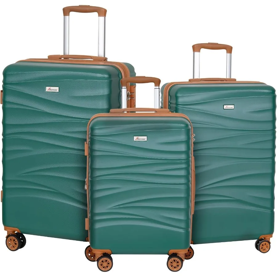 Expandable Hard Shell Luggage Set - 頑丈なハードシェル素材を使用した、キャスター付きの3点セットのスーツケース。軽量で、TSAロック付き。サイズは20インチ、24インチ、28インチ。色はグリーン。