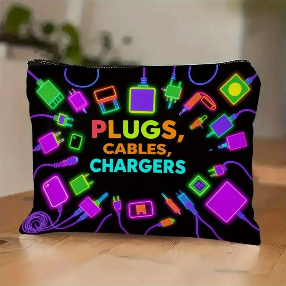 Cosmetic Bags - 新しいキャンバス製充電器収納ポーチ。プリントデザイン、大容量、ケーブル整理用、ファスナー付き、化粧品収納、旅行用。