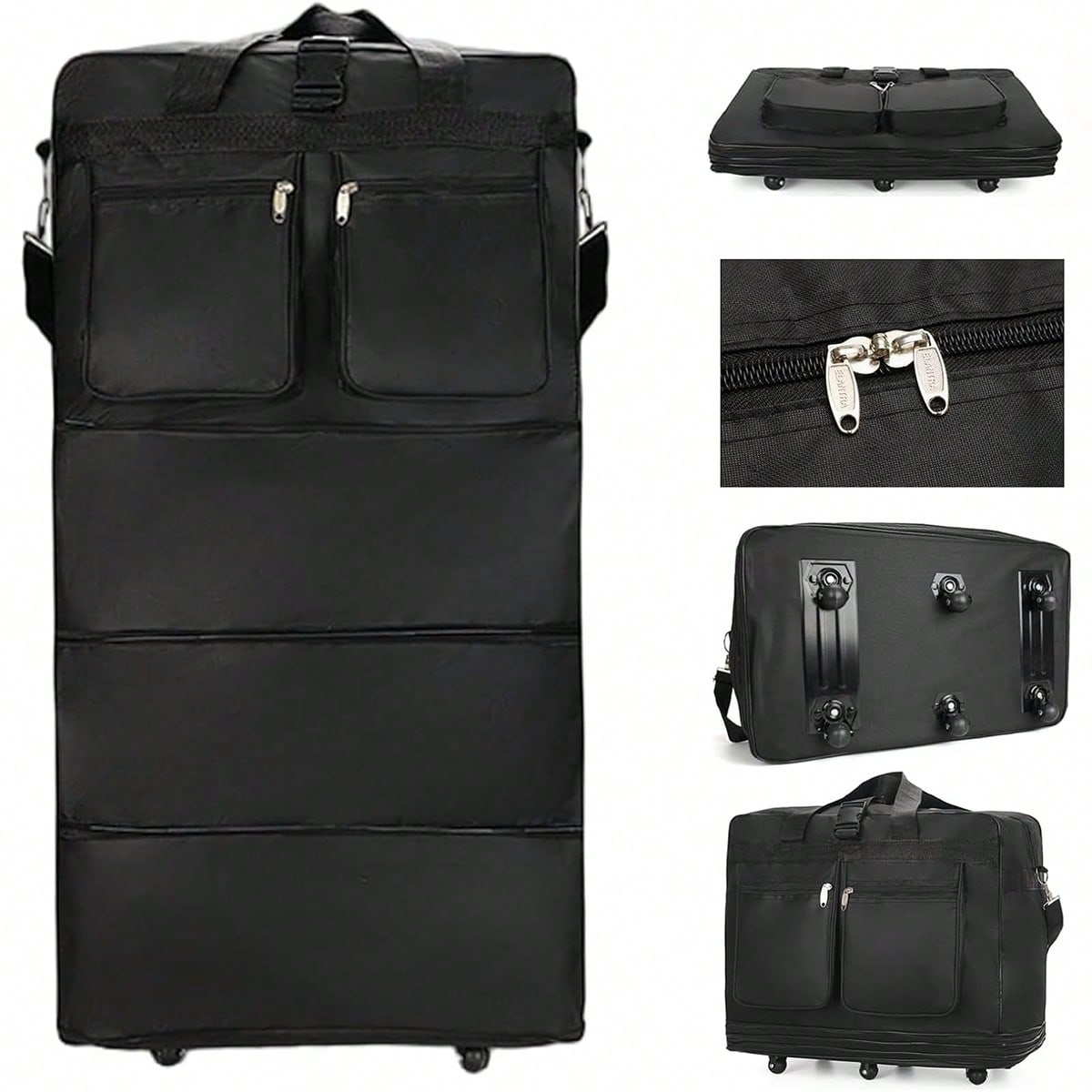Foldable Rolling Luggage Bag - 車輪付きの黒い旅行用ダッフルバッグ。拡張可能で折りたたみ式。大容量で、機内持ち込み可能なスーツケース。男性にも女性にも使える、持ち運びやすい車輪付きダッフルバッグ。週末旅行、航空機での移動、短い旅行、一泊旅行に最適。