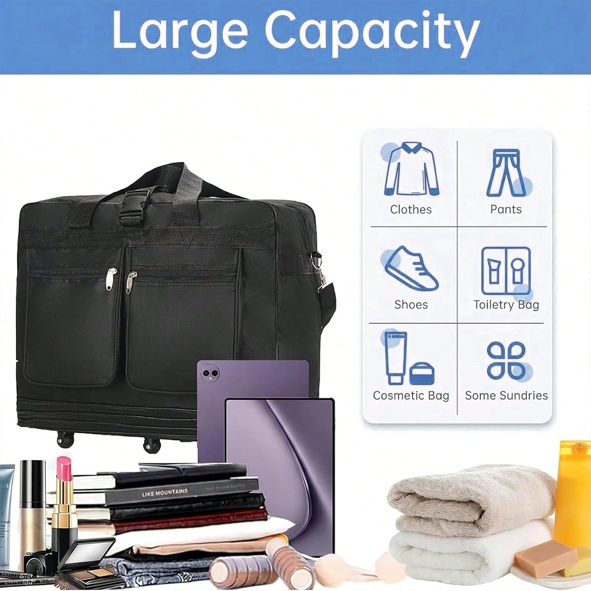 車輪付きの黒い旅行用ダッフルバッグ。拡張可能で折りたたみ式。 - Foldable Rolling Luggage Bag のレビューと価格