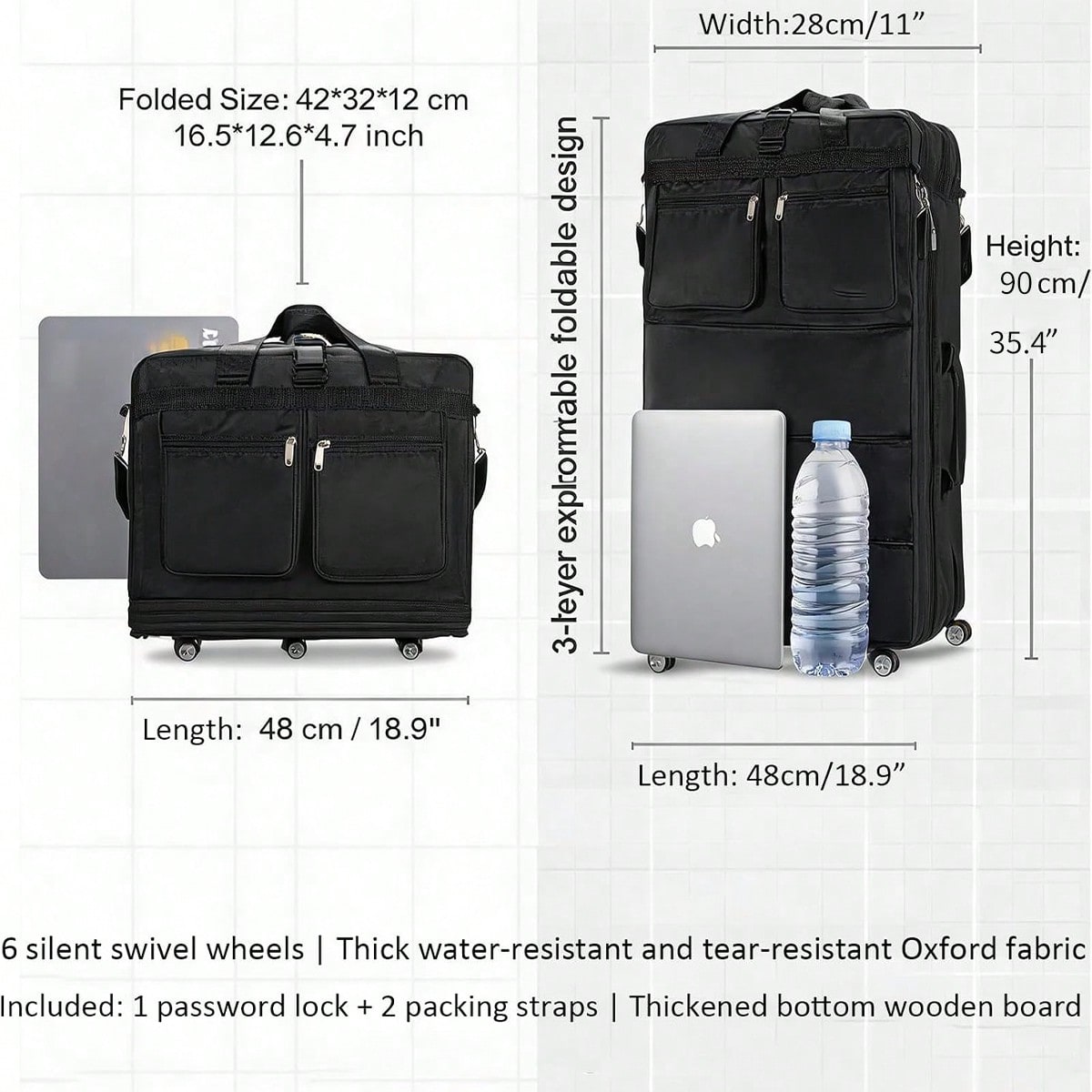 車輪付きの黒い旅行用ダッフルバッグ。拡張可能で折りたたみ式。 - Foldable Rolling Luggage Bag のレビューと価格